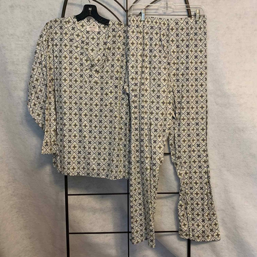Vintage Tarleton Pajama Set Men's B White Blue Geometric Cotton V-Neck Long
